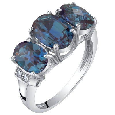 3-Stone Alexandrite  and Diamond Ring 14K White Gold 2.75 Carats Oval Shape