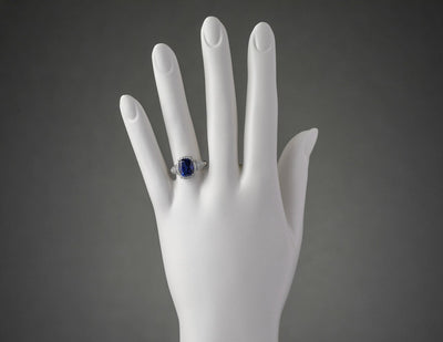 14K White Gold Created Sapphire And Lab Grown Diamond Ring 4 79 Carats Total Cushion Cut R63128 on a model