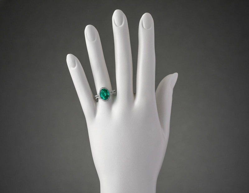 14K White Gold Created Colombian Emerald And Lab Grown Diamond Ring 3 93 Carats Total Oval Shape R63136 on a model