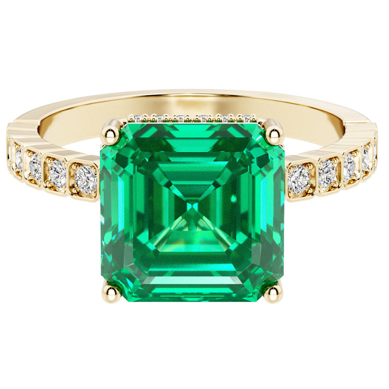 Asscher Cut Colombian Emerald and Diamond Hidden Halo Ring 14K Yellow Gold 3 Carats