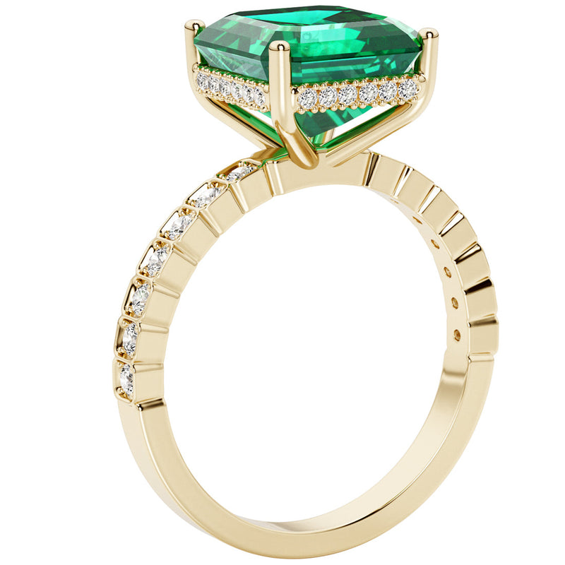 Asscher Cut Colombian Emerald and Diamond Hidden Halo Ring 14K Yellow Gold 3 Carats