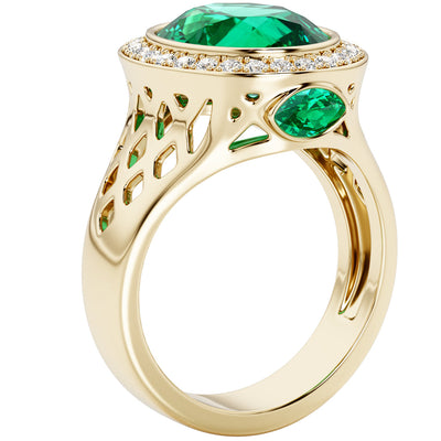 Colombian Emerald and Diamond Lattice Ring 14K Yellow Gold 4.50 Carats Oval Shape