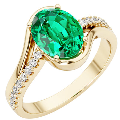 Colombian Emerald and Diamond Wave Ring 14K Yellow Gold 1.75 Carats Oval Shape