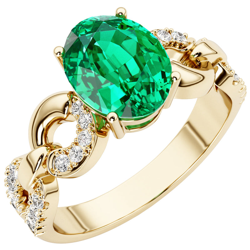 Colombian Emerald and Diamond Linked Ring 14K Yellow Gold 1.75 Carats Oval Shape