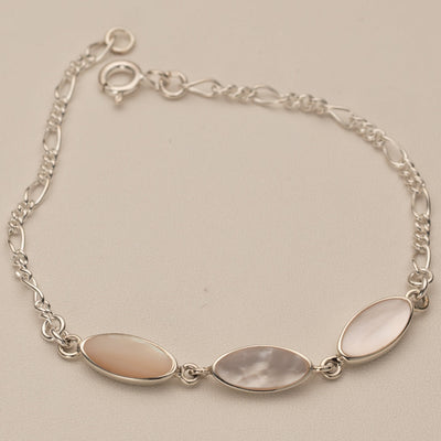 White Mother of Pearl Accented Figaro Bracelet Sterling Silver