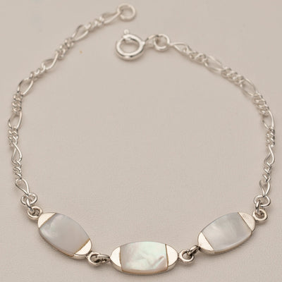 White Mother of Pearl Accented Figaro Bracelet Sterling Silver