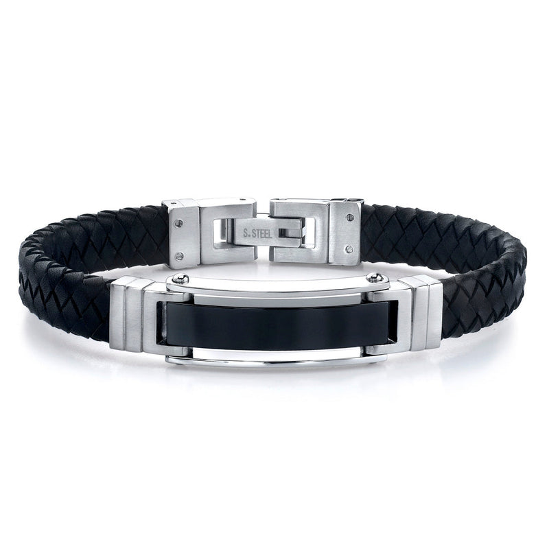 Stainless Steel ID-Style With Braided Leather Strap Bracelet