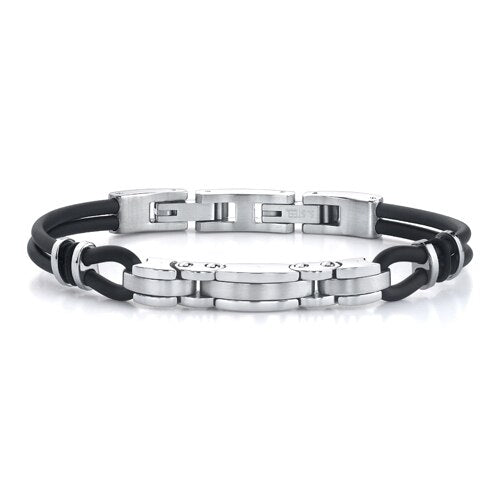 Steel Triple-bar and Dual Rubber Cord Bracelet