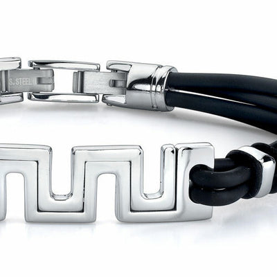 Steel cut-out Greek Key Style Triple Rubber Cord Bracelet