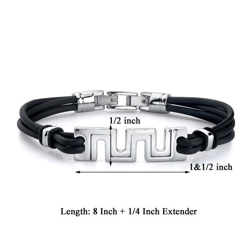 Steel cut-out Greek Key Style Triple Rubber Cord Bracelet