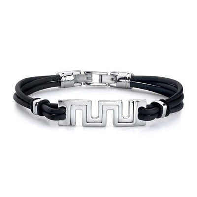 Steel cut-out Greek Key Style Triple Rubber Cord Bracelet