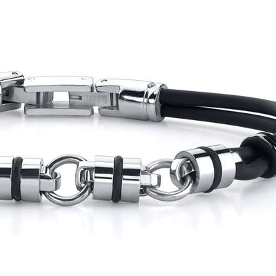 Stainless Steel Barrel Link Dual Rubber Cord Bracelet