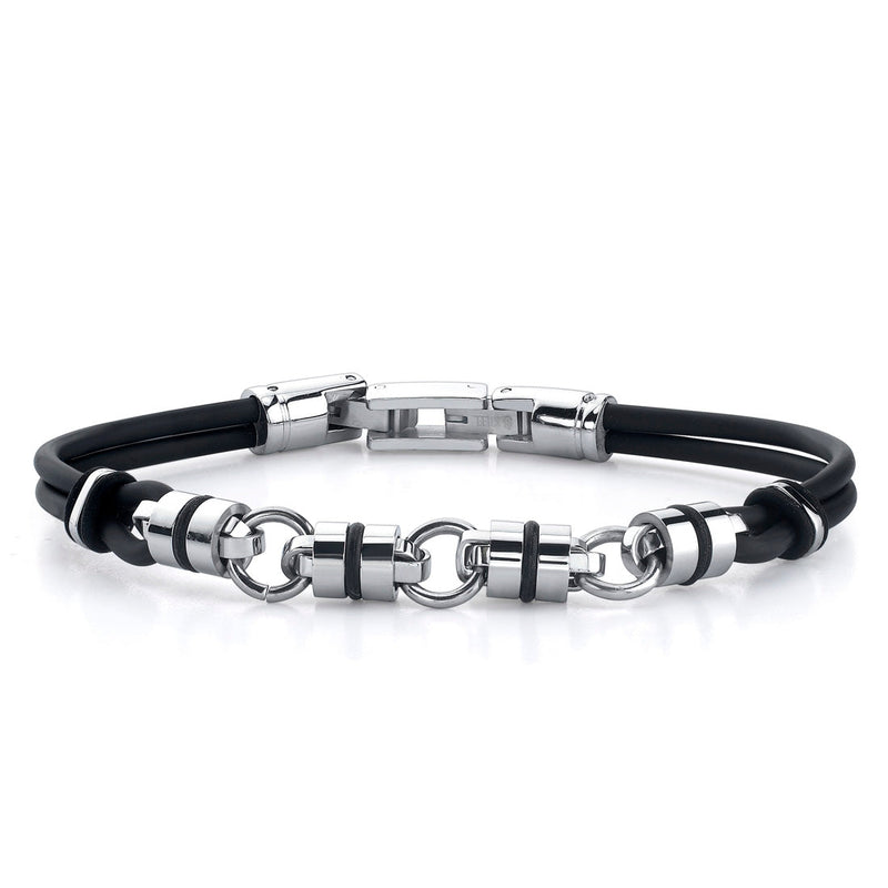 Stainless Steel Barrel Link Dual Rubber Cord Bracelet