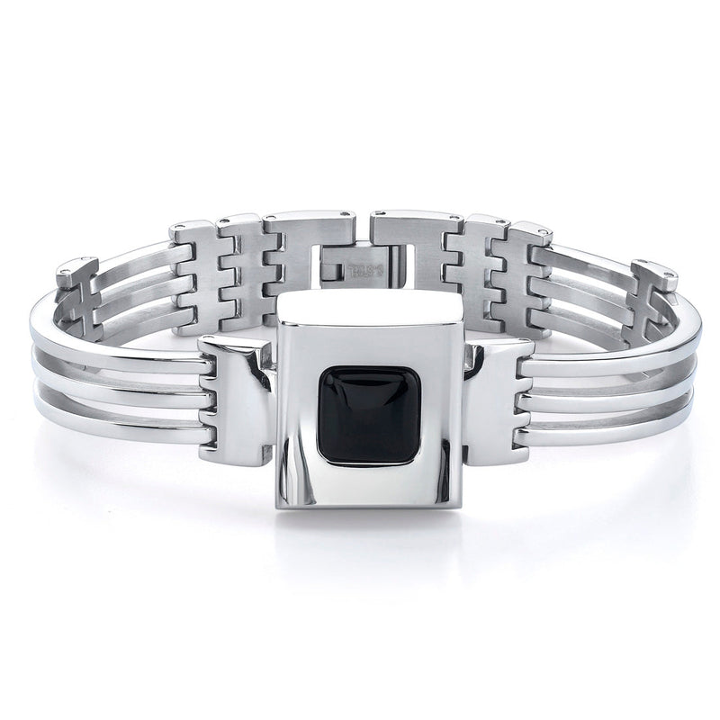 Stainless Steel Link Bracelet with Black Ceramic centerpiece