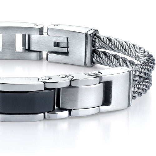 Stainless Steel Cable-Style Strap with Panther-Link Centerpiece Bracelet