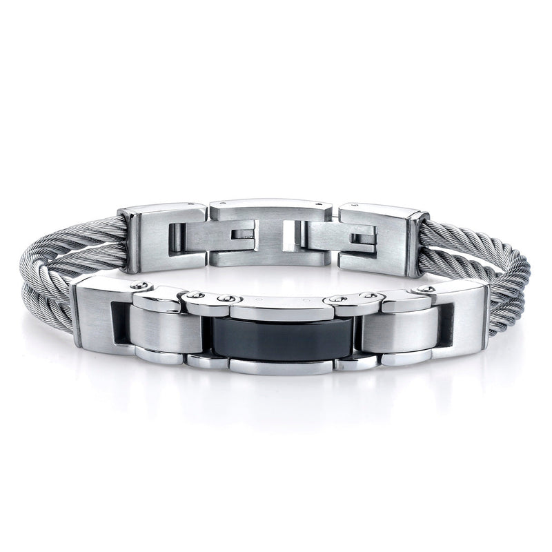 Stainless Steel Cable-Style Strap with Panther-Link Centerpiece Bracelet