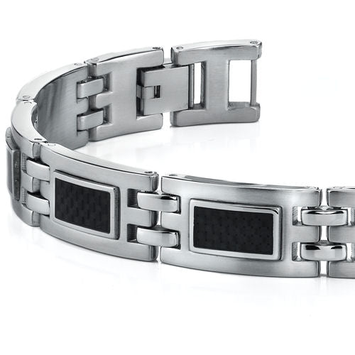 Stainless Steel Bracelet with Black Carbon Fiber Highlights