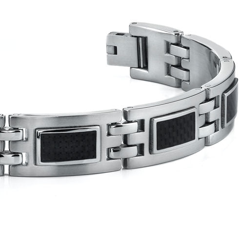 Stainless Steel Bracelet with Black Carbon Fiber Highlights