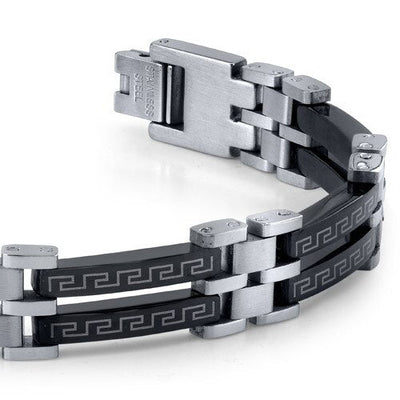 Urban Class: Black and Silver-tone Steel Greek Key Bracelet SB3910