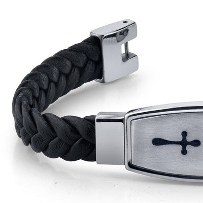 Mens Stainless Steel and Braided Leather Cross Motif Bracelet