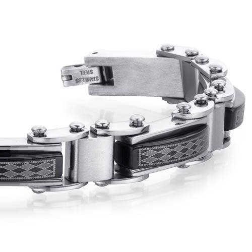 Brushed Steel and Ceramic Diamond Pattern Bracelet