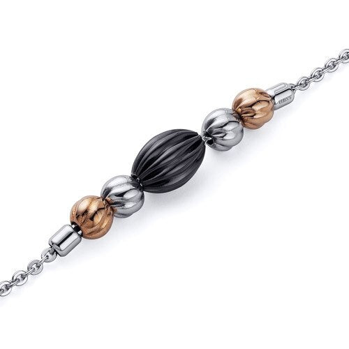 Jet Black and Gold Tone Corrugated Bead Steel Chain Bracelet SB4116