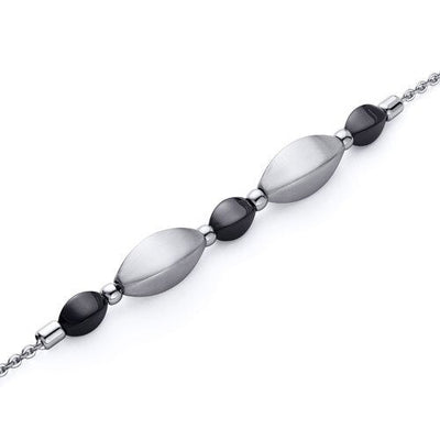 Jet Black Oval Convex Bead Stainless Steel Chain Bracelet SB4126