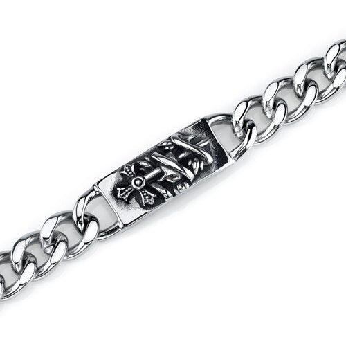 Rugged ID Stainless Steel Cross and Snake Curb Chain Bracelet