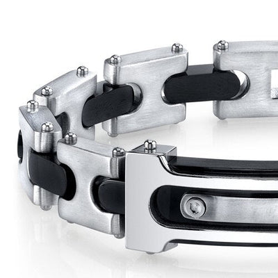 Mens Double Riveted Black Two Tone Stainless Steel Bracelet