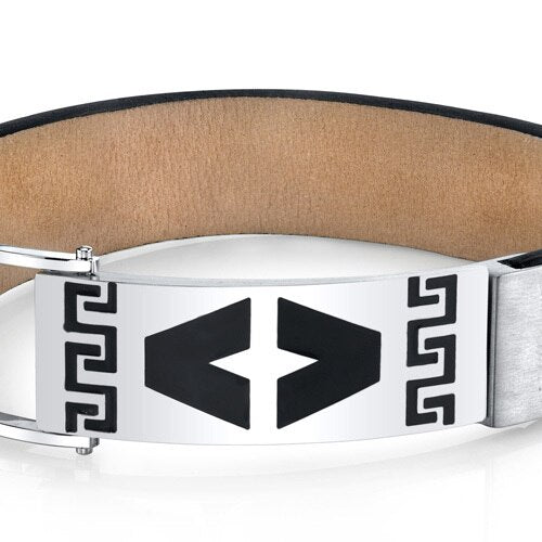 Greek Key Black Genuine Leather and Stainless Steel Bracelet SB4248