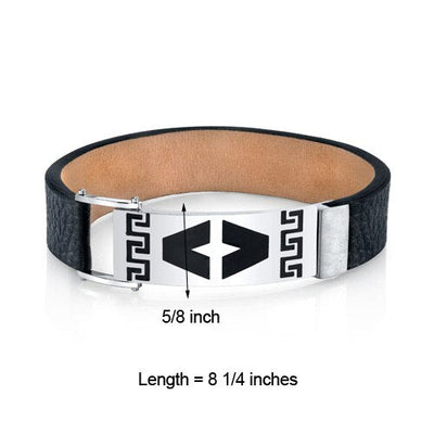 Greek Key Black Genuine Leather and Stainless Steel Bracelet SB4248