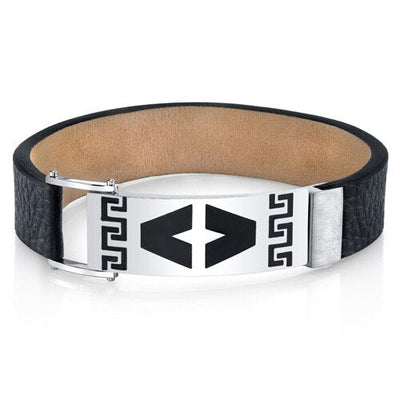 Greek Key Black Genuine Leather and Stainless Steel Bracelet SB4248