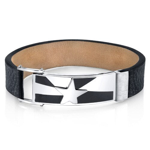 Shooting Star Black Genuine Leather and Steel Bracelet SB4254