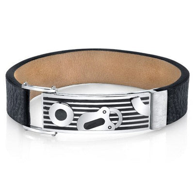 Padlock Design Black Genuine Leather and Steel Bracelet SB4256