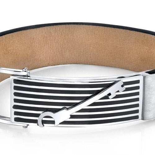 Striped Key Black Genuine Leather and Stainless Steel Bracelet SB4258