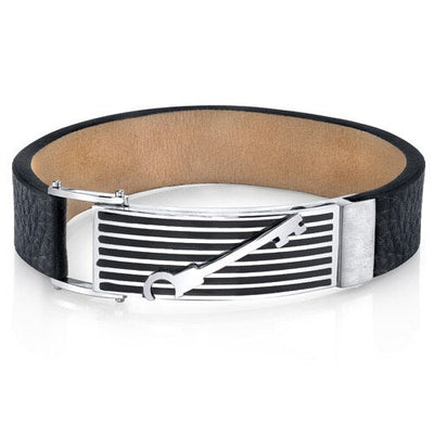 Striped Key Black Genuine Leather and Stainless Steel Bracelet SB4258