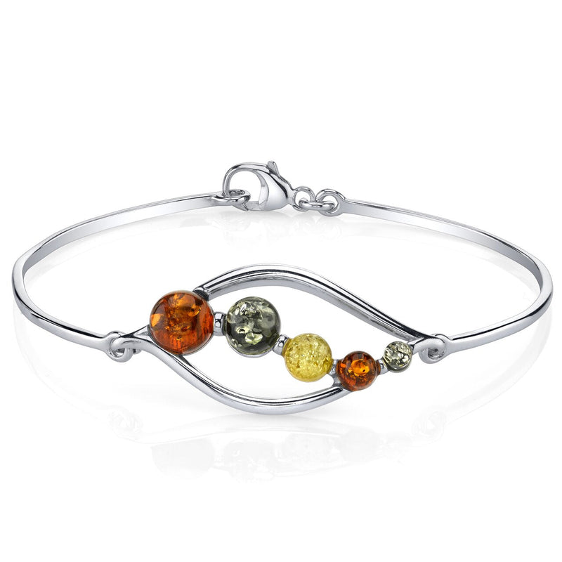 Baltic Amber Open Leaf Bangle Bracelet Sterling Silver Multi Colors