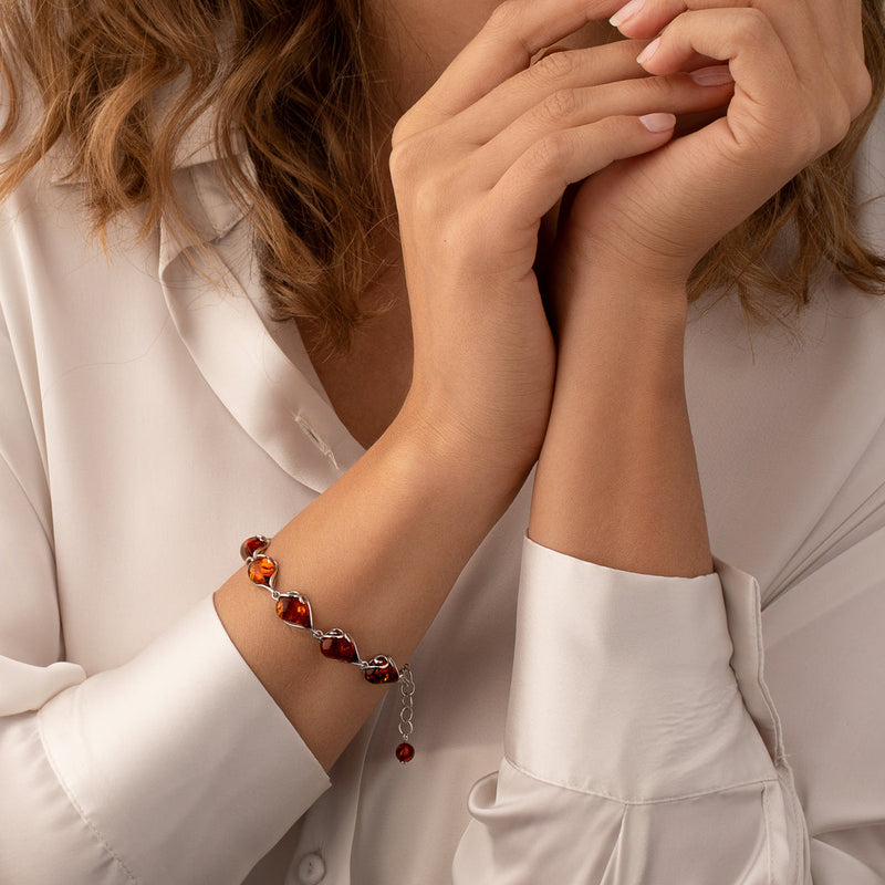 Baltic Amber Bracelet Sterling Silver Cognac Color Tear Drop