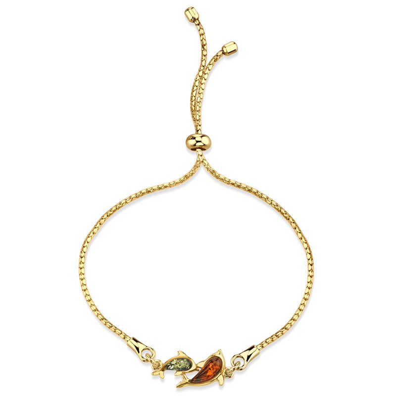 Baltic Amber Dolphin Gold-Tone Sterling Silver Bolo Adjustable Bracelet