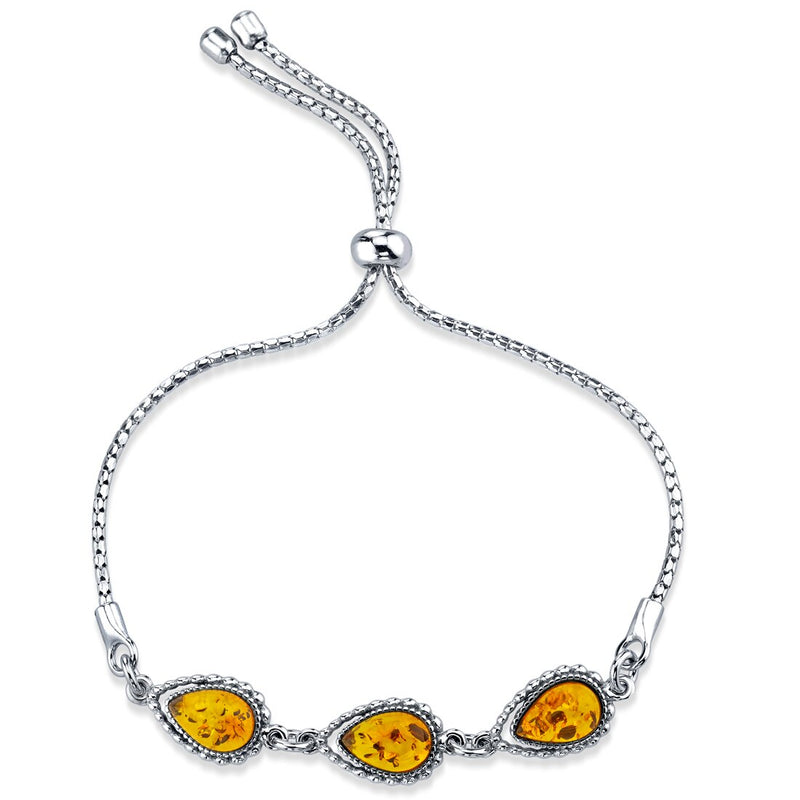 Baltic Amber Sterling Silver 3-Stone Adjustable Friendship Bracelet