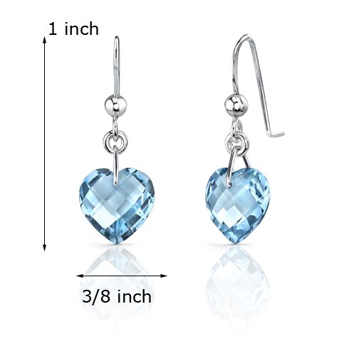 Swiss Blue Topaz Earrings Sterling Silver Heart Shape 8.25 Cts