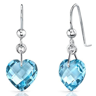 Swiss Blue Topaz Earrings Sterling Silver Heart Shape 8.25 Cts