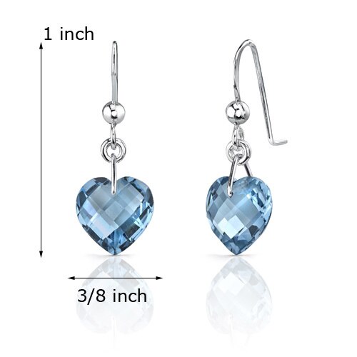 London Blue Topaz Earrings Sterling Silver Heart Shape 8.25 Cts