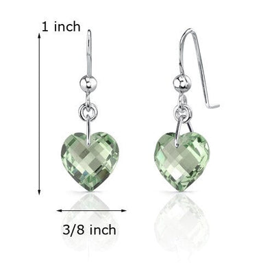 6.75 Carats Heart Shape Green Amethyst Drop Earrings Sterling Silver