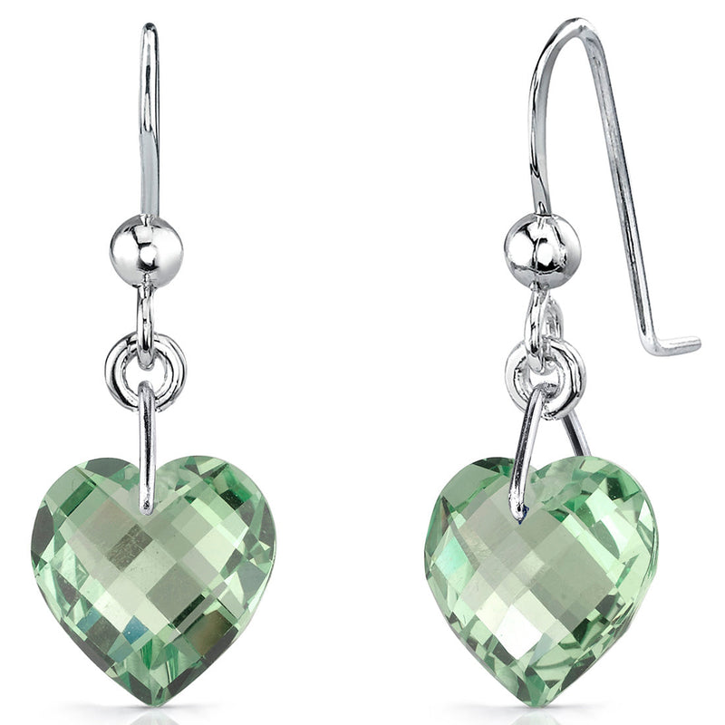 6.75 Carats Heart Shape Green Amethyst Drop Earrings Sterling Silver