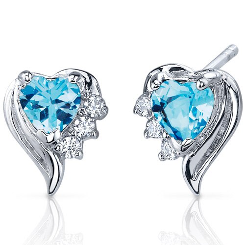 Swiss Blue Topaz Earrings Sterling Silver Heart Shape 1 Carats