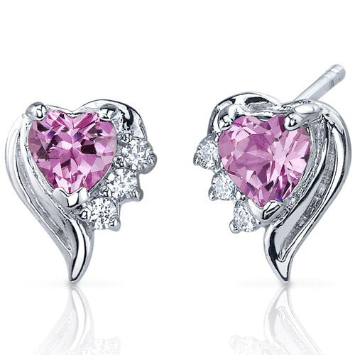 Pink Sapphire Earrings Sterling Silver Heart Shape 1.5 Carats