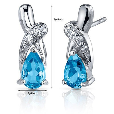 Swiss Blue Topaz Earrings Sterling Silver Pear Shape 2 Carats