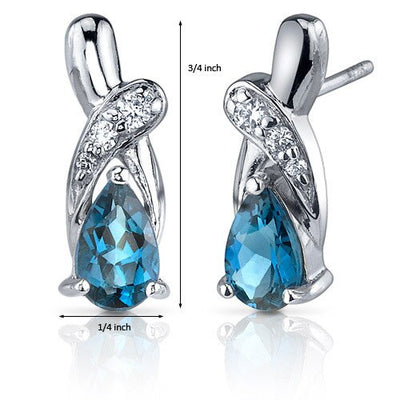 London Blue Topaz Earrings Sterling Silver Pear Shape 2 Carats