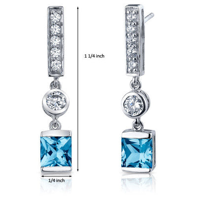 Swiss Blue Topaz Earrings Sterling Silver Princess Cut 2.5 Cts